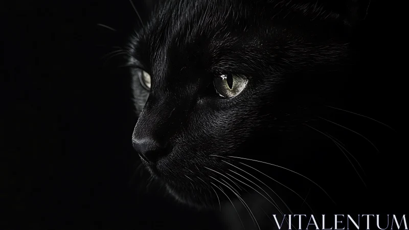 Black cat head in profile against dark background with illuminated eyes