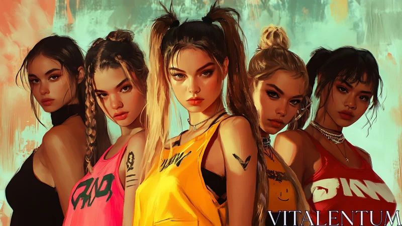 Urban streetwear squad in saturated digital portrait lighting.