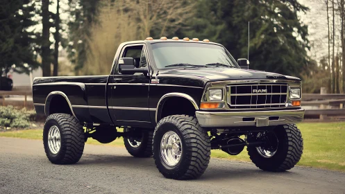 Lifted black pickup truck is parked on a rural roadway