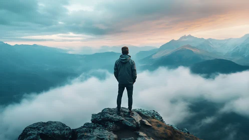 Solitary hiker above clouds at sunrise in misty mountains.