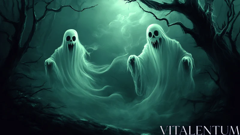 Whispering twin phantoms drift through a venom-green fog.