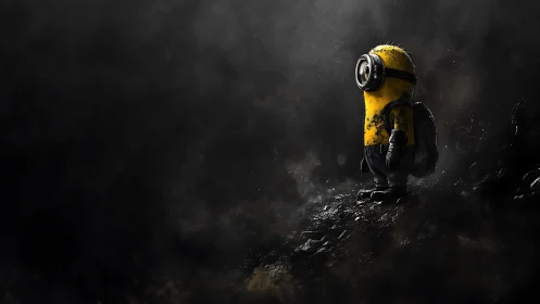 Lonely yellow explorer stands in smoky, post-apocalyptic gloom.