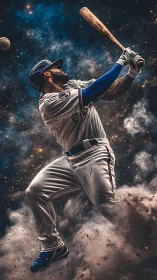 Cosmic baseball slugger swings bat through starry dust field.