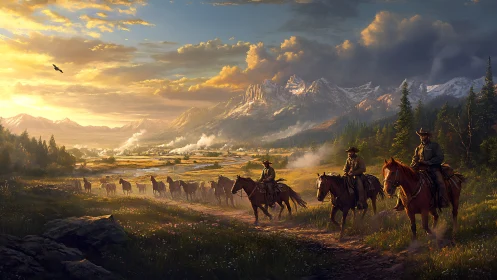 Sunlit cowboy cattle drive traverses alpine valley under dramatic clouds