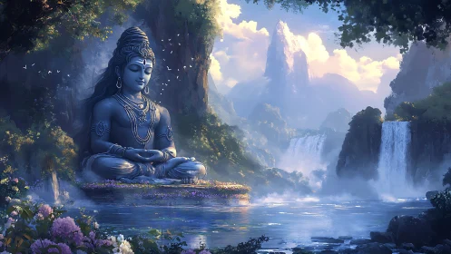 Large stone deity statue sits beside river in misty valley