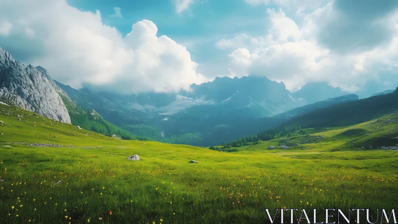 Sunlit alpine meadow below distant blue mountain range.