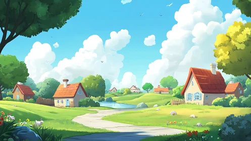 Digital pastoral village landscape with stylized cottages.