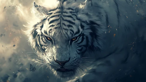 White tiger portrait in swirling mist and shadowed light.