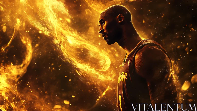 Golden spectral athlete amid turbulent particulate luminance.