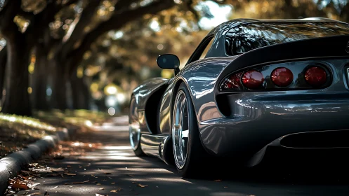 Low-slung sports car under tree-lined boulevard light.