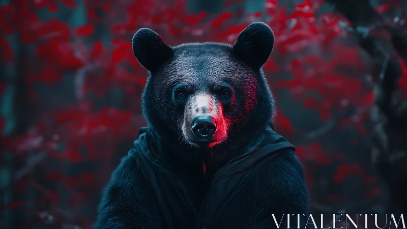 Bioluminescent-lit black bear portrait in neon red forest