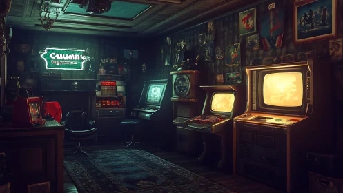 Dimly lit retro gaming room with vintage arcade machines.