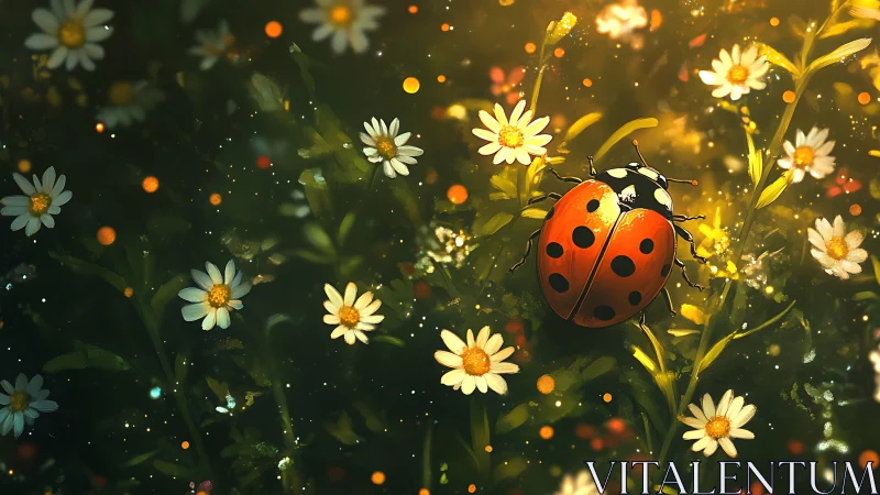 Macro ladybug on daisies rendered in luminous digital bokeh