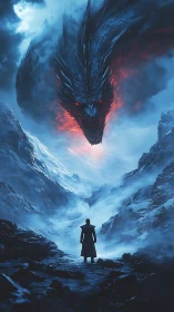 Lone wanderer meets a blazing ice valley dragon in twilight.