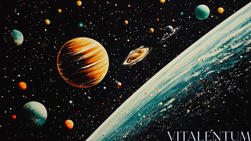 Sweeping galactic vista with vivid ringed planets in orbit.