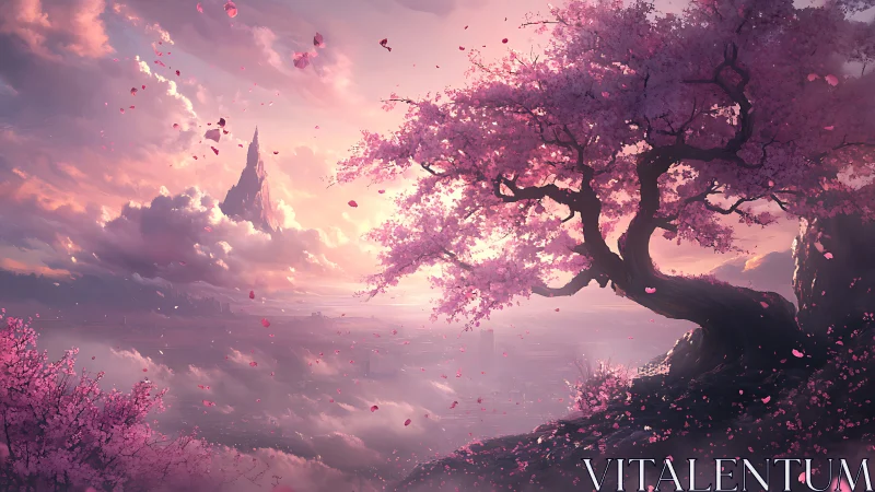 Pink blossom tree above clouds at distant spire peak.