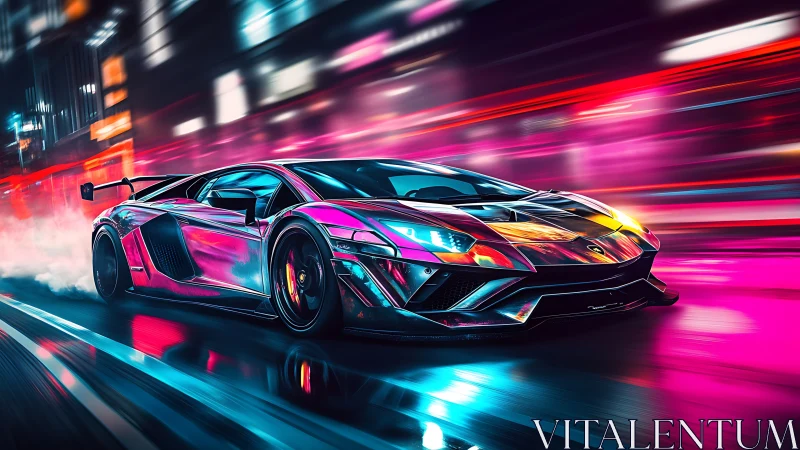 Neon-saturated hypercar in high-velocity motion blur study.