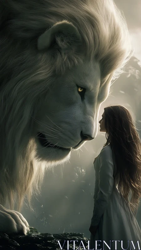 Gigantic white lion in profile confronting woman in gown