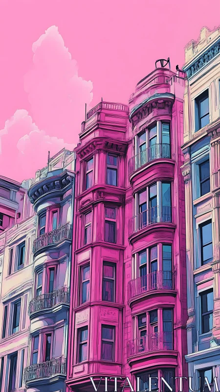 Cotton-candy skyline over neon pink bay-windowed facades.