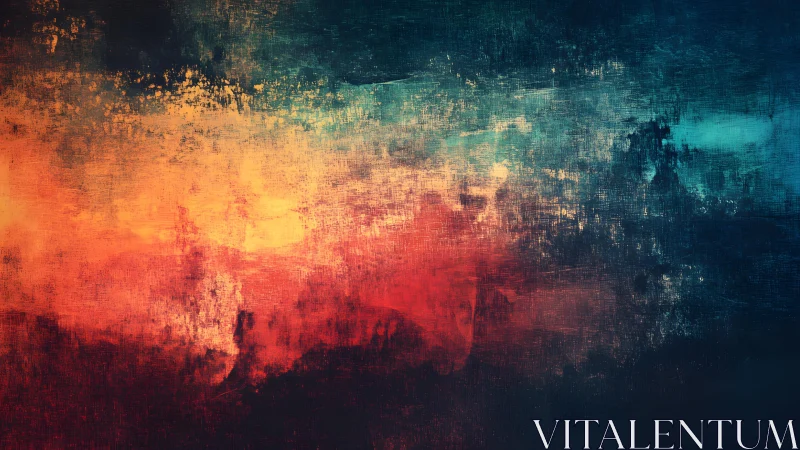 Abstract textured painting with vibrant red, orange, and blue hues.