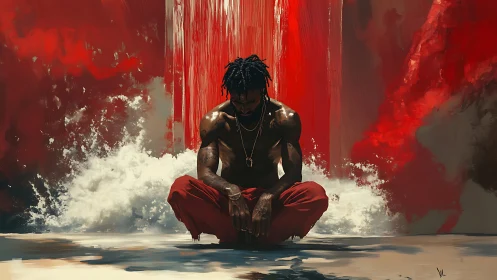 Quiet strength settles in a storm of vivid red energy