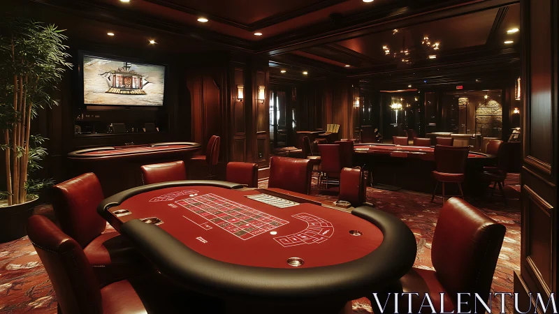 Luxury casino gaming room with red felt tables and chairs.