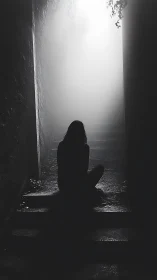 Backlit stairwell silhouette in high-contrast monochrome light