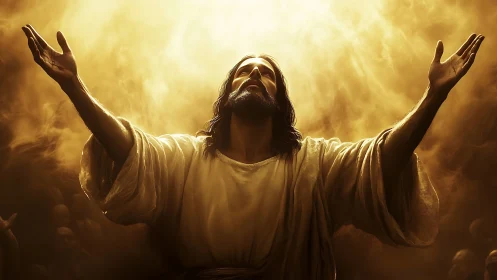 Radiant robed figure lifting arms toward blazing golden light.