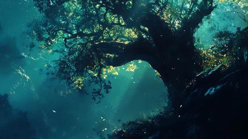 Ancient forest guardian leans into teal light and drifting leaves
