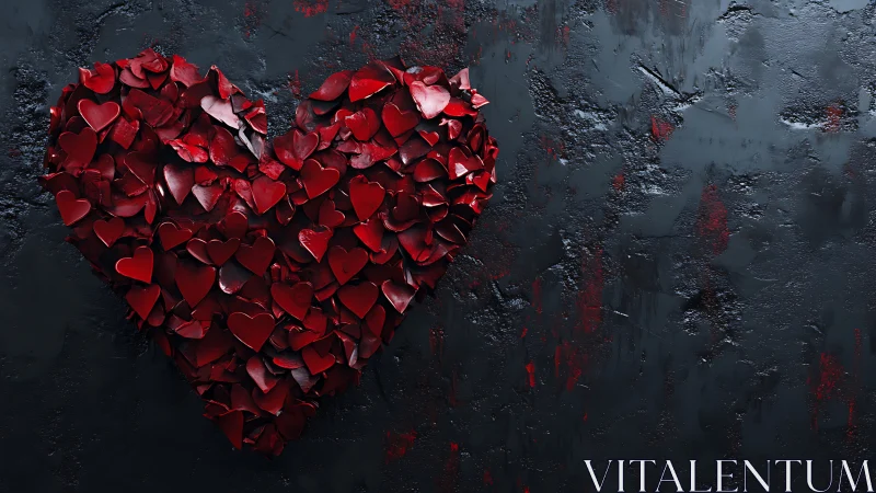 Sculptural Heart Constructed from Layered Red Petals Against Textured Dark Surface