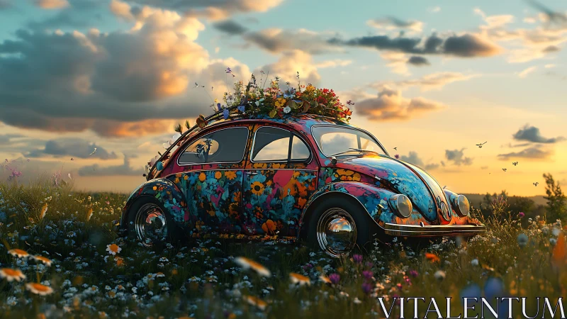 Sunset road trip dreams bloom around a joyful flower car