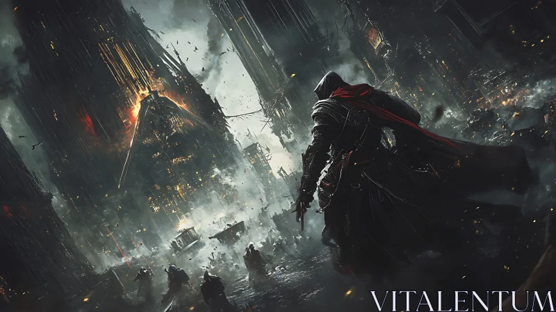 Cloaked vigilante in burning dystopian cityscape composition.