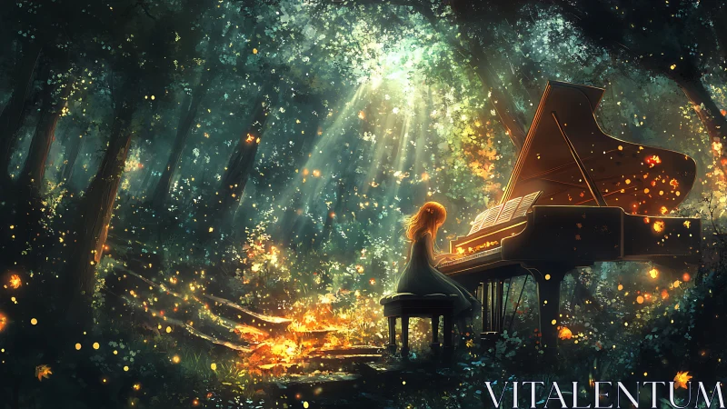 Forest grand piano under golden light with solitary pianist.