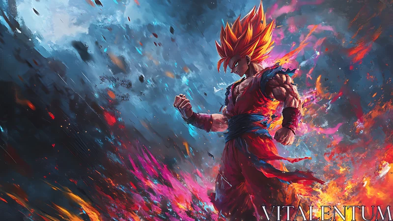 Fiery anime warrior amid explosive cosmic energy storm.