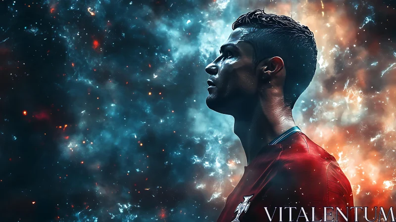 Soccer player profile against dramatic cosmic nebula background.