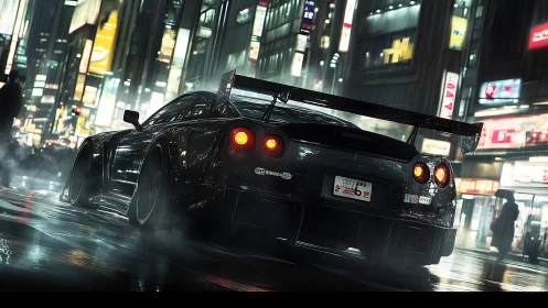 Widebody tuner coupe in neon soaked urban rainscape at night