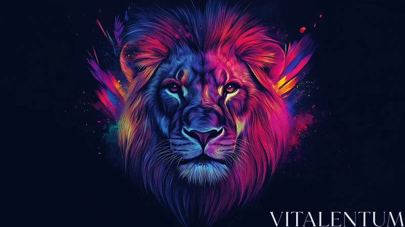 Multicolored lion portrait on dark background in profile view.