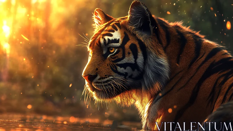 Tiger profile in warm sunset light near reflective water.