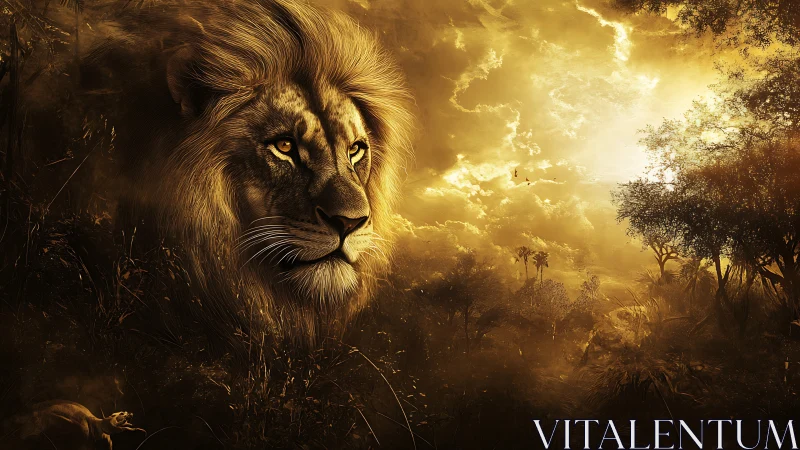 Sun-drenched lion mindfully patrols a molten-gold savanna