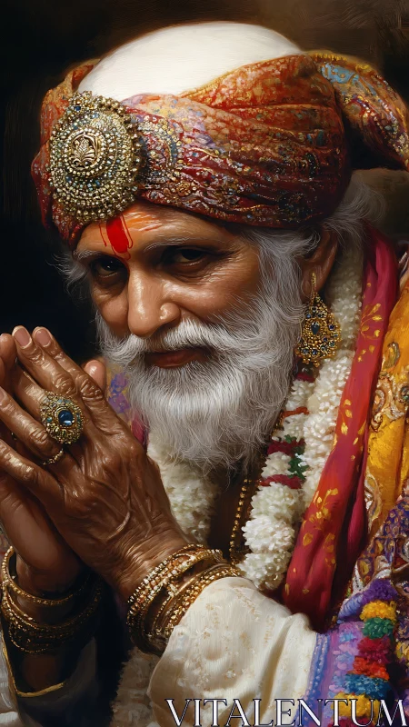 Elderly man in ornate turban and jewelry folds hands in prayer