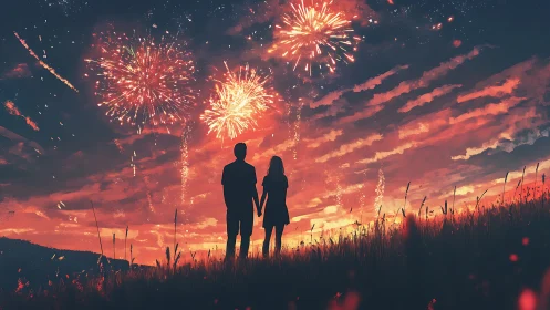 Silhouetted couple watching fireworks in a red dusk sky.