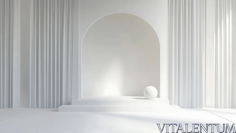 Minimal white arch stage with geometric sphere centerpiece.