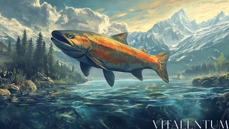 Giant trout soars above alpine river in surreal mountain light