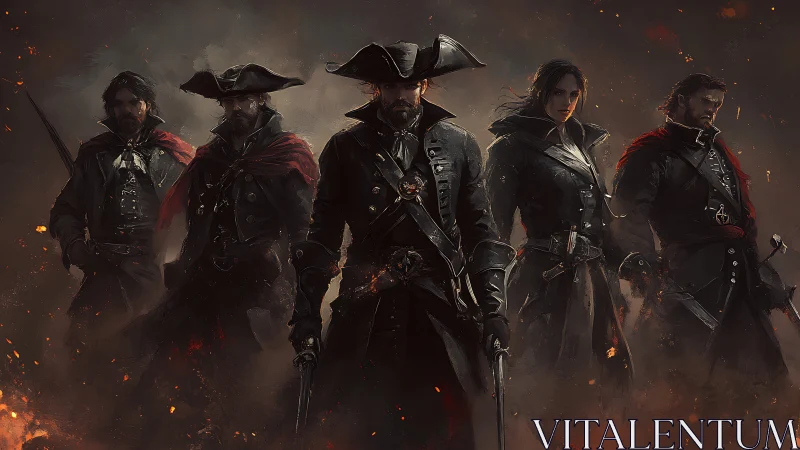 Militaristic quartet in baroque leather coats amid ember haze