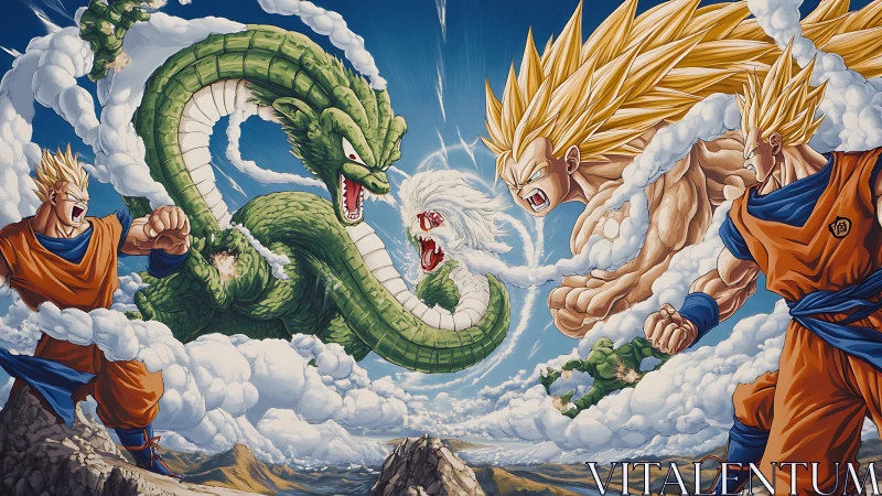 Superpowered fighters confront green dragon amid swirling clouds