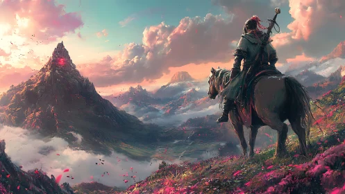 Lone rider overlooking glowing enchanted mountain valley.