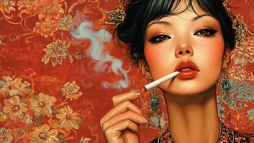 Portrait of woman smoking before ornate floral backdrop.