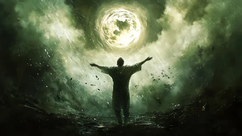 Solitary figure stands beneath luminous circular sky object