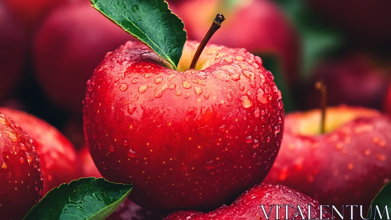 High-saturation macro of wet red apple with surface droplets