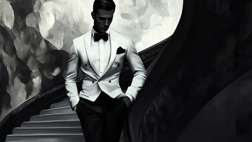 Moonlit staircase dandy in stark monochrome elegance.